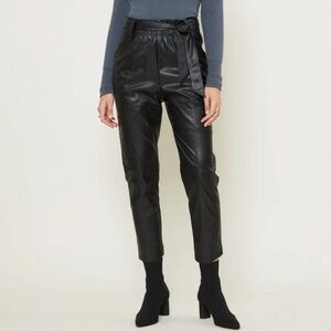 Current Air Faux Leather High Rise Tie Waist Cropped Trouser Pant Black Medium
